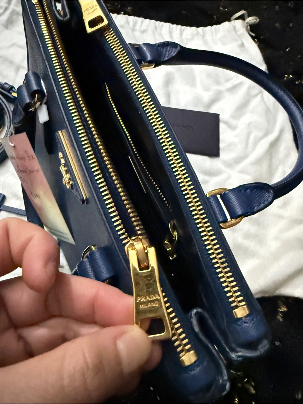Prada Navy Saffiano Leather Double-Handle Satchel with Gold Hardware - Picture 11 of 16